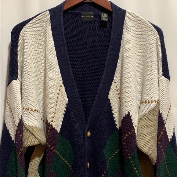 VTG STRUCTURE CARDIGAN ARGYLE SZ CL NAVY/CREME